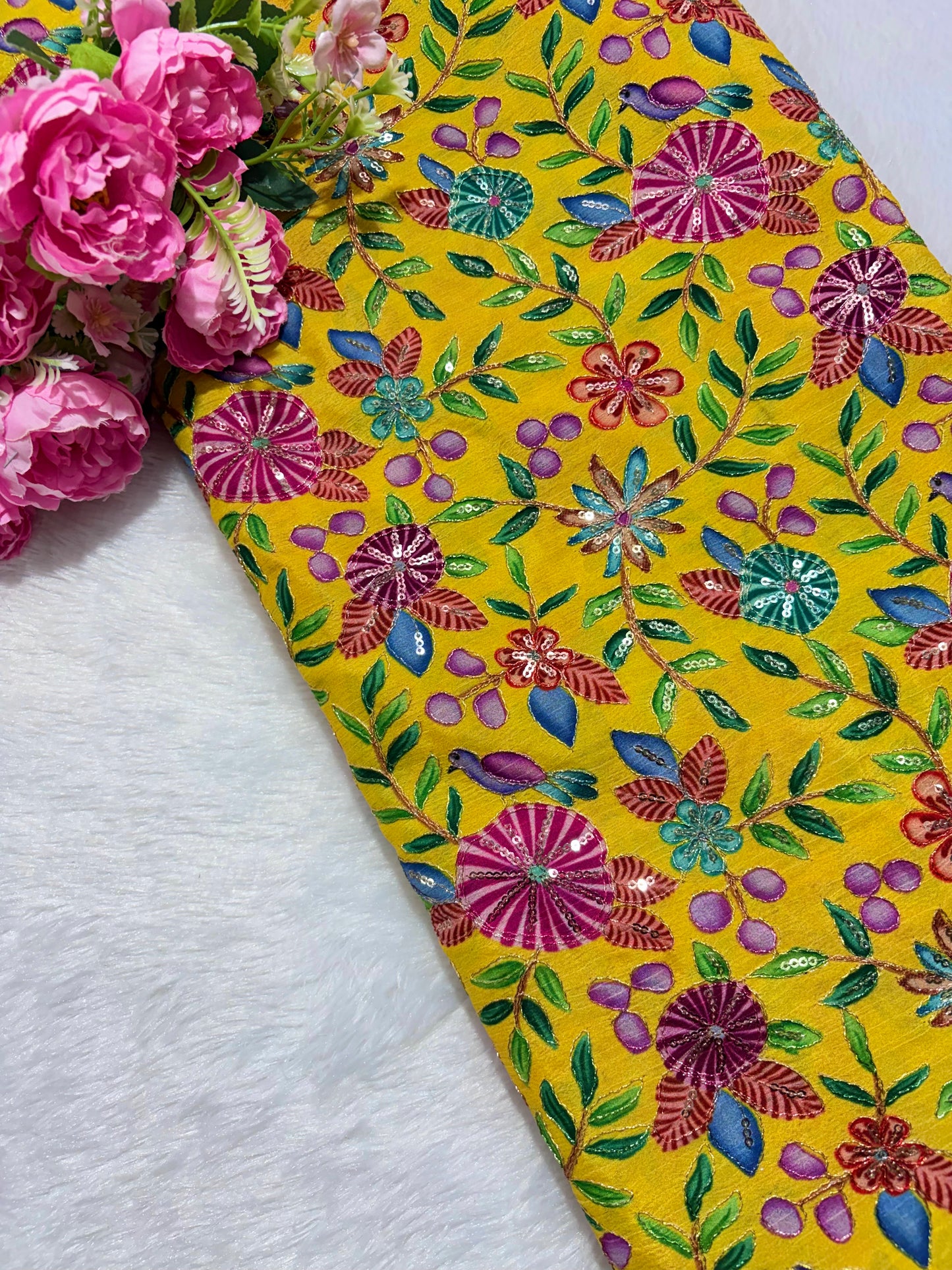 🥰 Pure Chinon Fabrics Multi Flower Print with Zari Work (44 width)