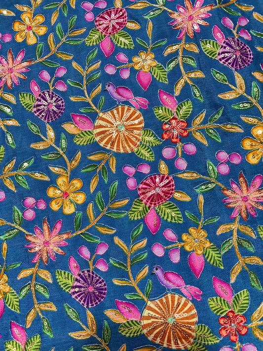 🥰 Pure Chinon Fabrics Multi Flower Print with Zari Work (44 width)