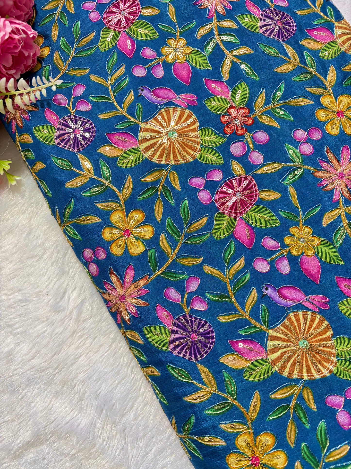 🥰 Pure Chinon Fabrics Multi Flower Print with Zari Work (44 width)
