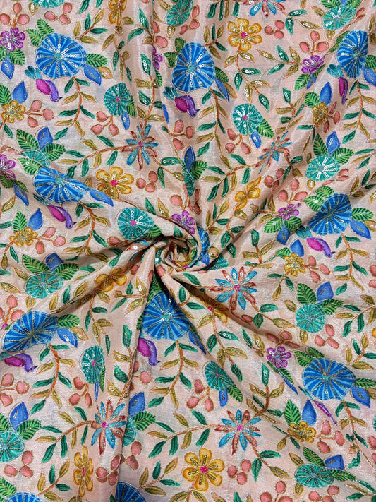 🥰 Pure Chinon Fabrics Multi Flower Print with Zari Work (44 width)