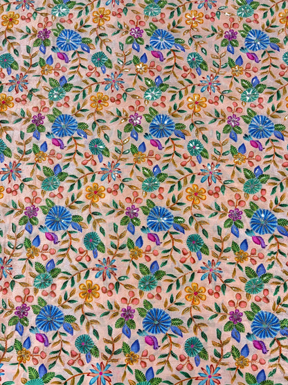 🥰 Pure Chinon Fabrics Multi Flower Print with Zari Work (44 width)