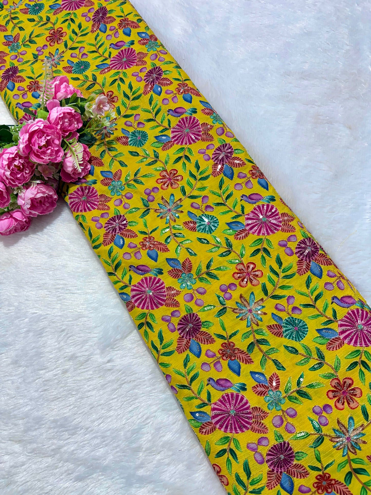 🥰 Pure Chinon Fabrics Multi Flower Print with Zari Work (44 width)