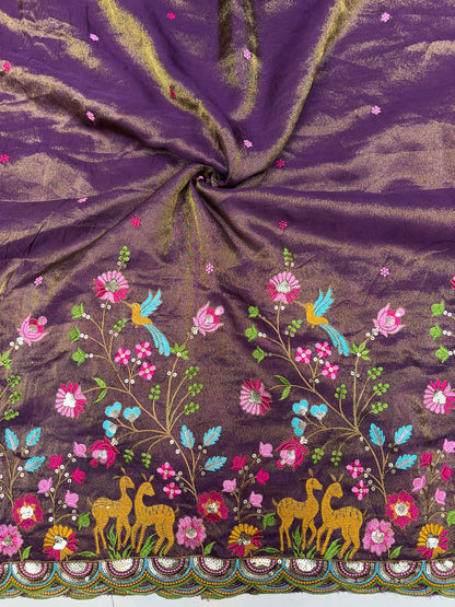 😍❤️Pure Tissue Zari Fabrics with Embroidery Deer 🦌 Design 🪡 44inch width