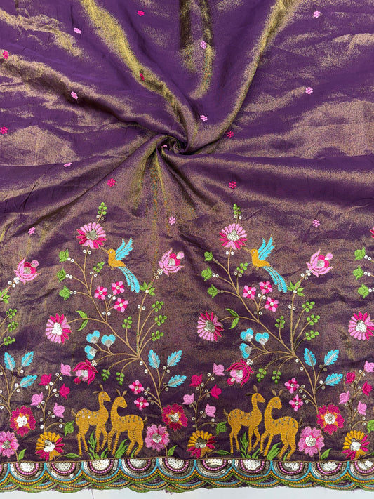 😍❤️Pure Tissue Zari Fabrics with Embroidery Deer 🦌 Design 🪡 44inch width