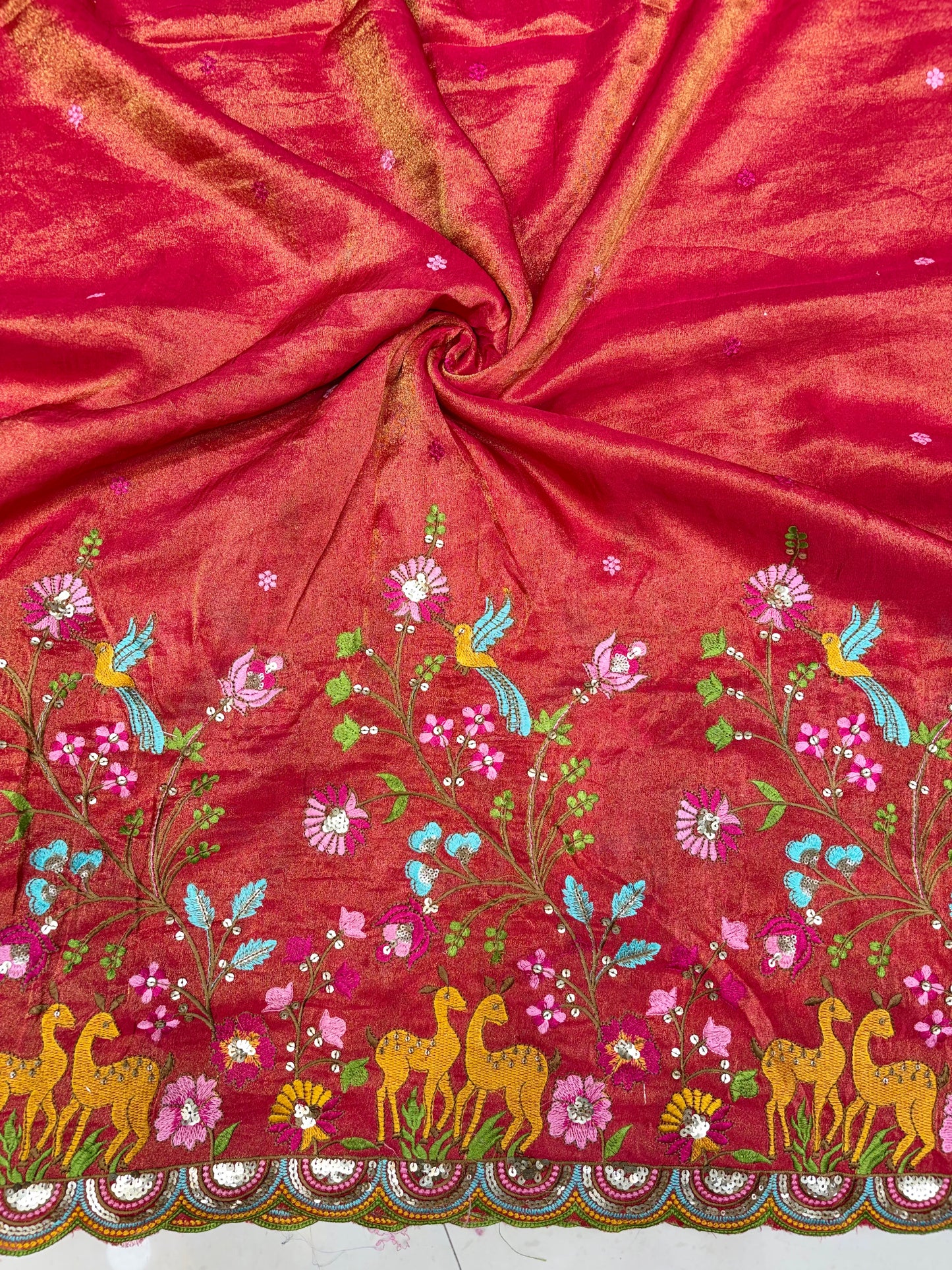 😍❤️Pure Tissue Zari Fabrics with Embroidery Deer 🦌 Design 🪡 44inch width