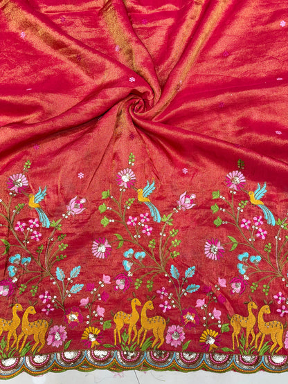 😍❤️Pure Tissue Zari Fabrics with Embroidery Deer 🦌 Design 🪡 44inch width