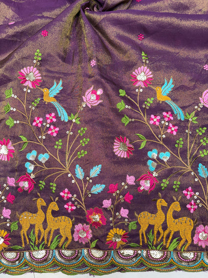 😍❤️Pure Tissue Zari Fabrics with Embroidery Deer 🦌 Design 🪡 44inch width
