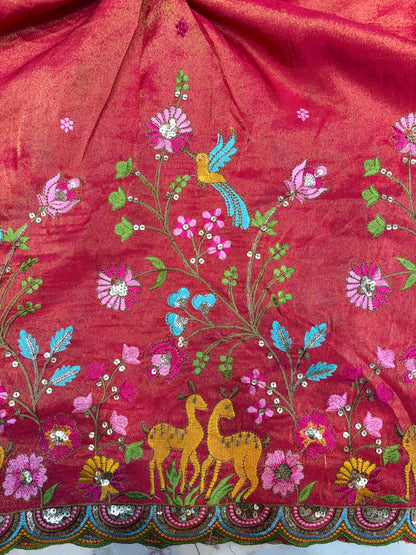 😍❤️Pure Tissue Zari Fabrics with Embroidery Deer 🦌 Design 🪡 44inch width