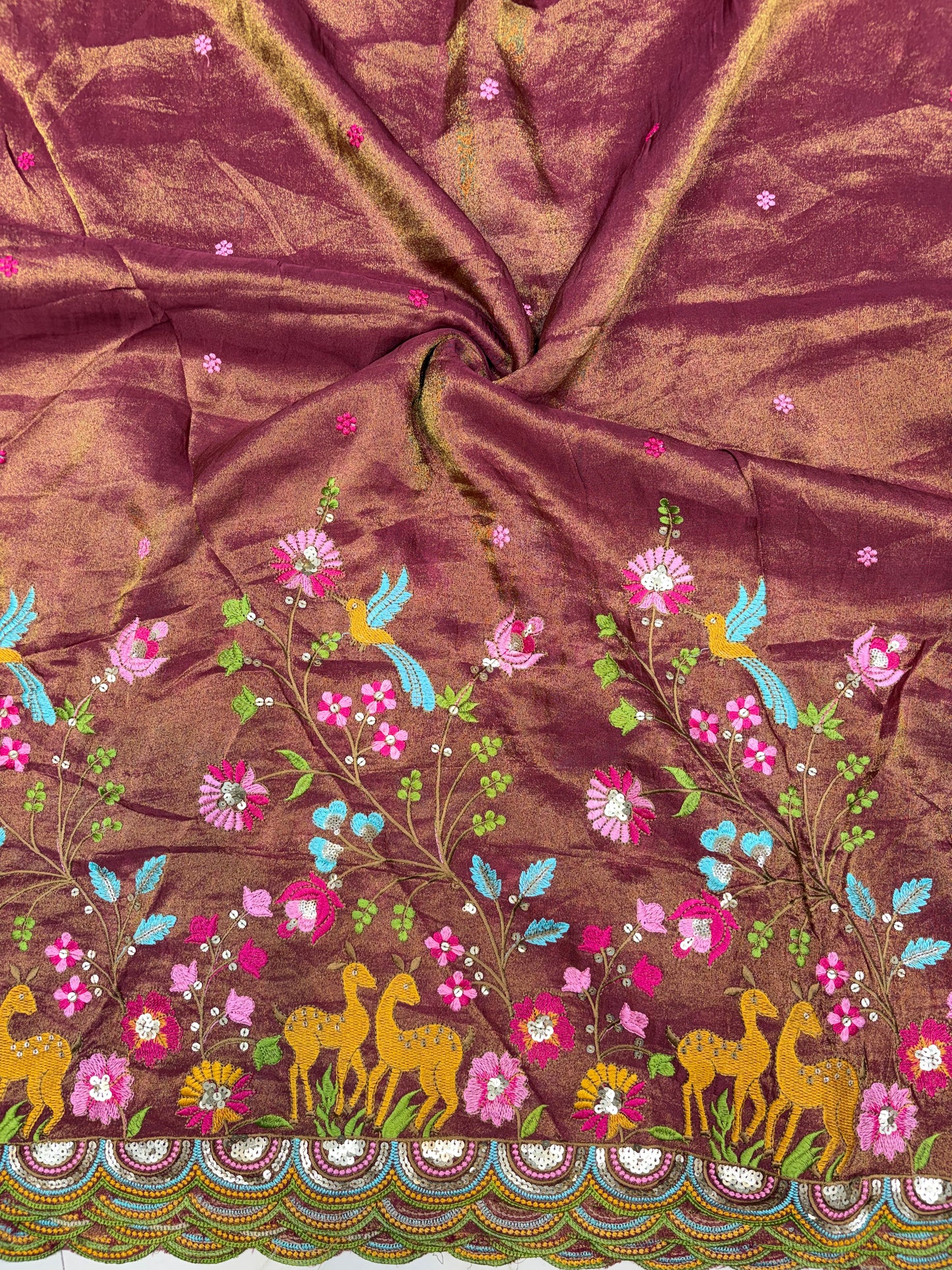 😍❤️Pure Tissue Zari Fabrics with Embroidery Deer 🦌 Design 🪡 44inch width