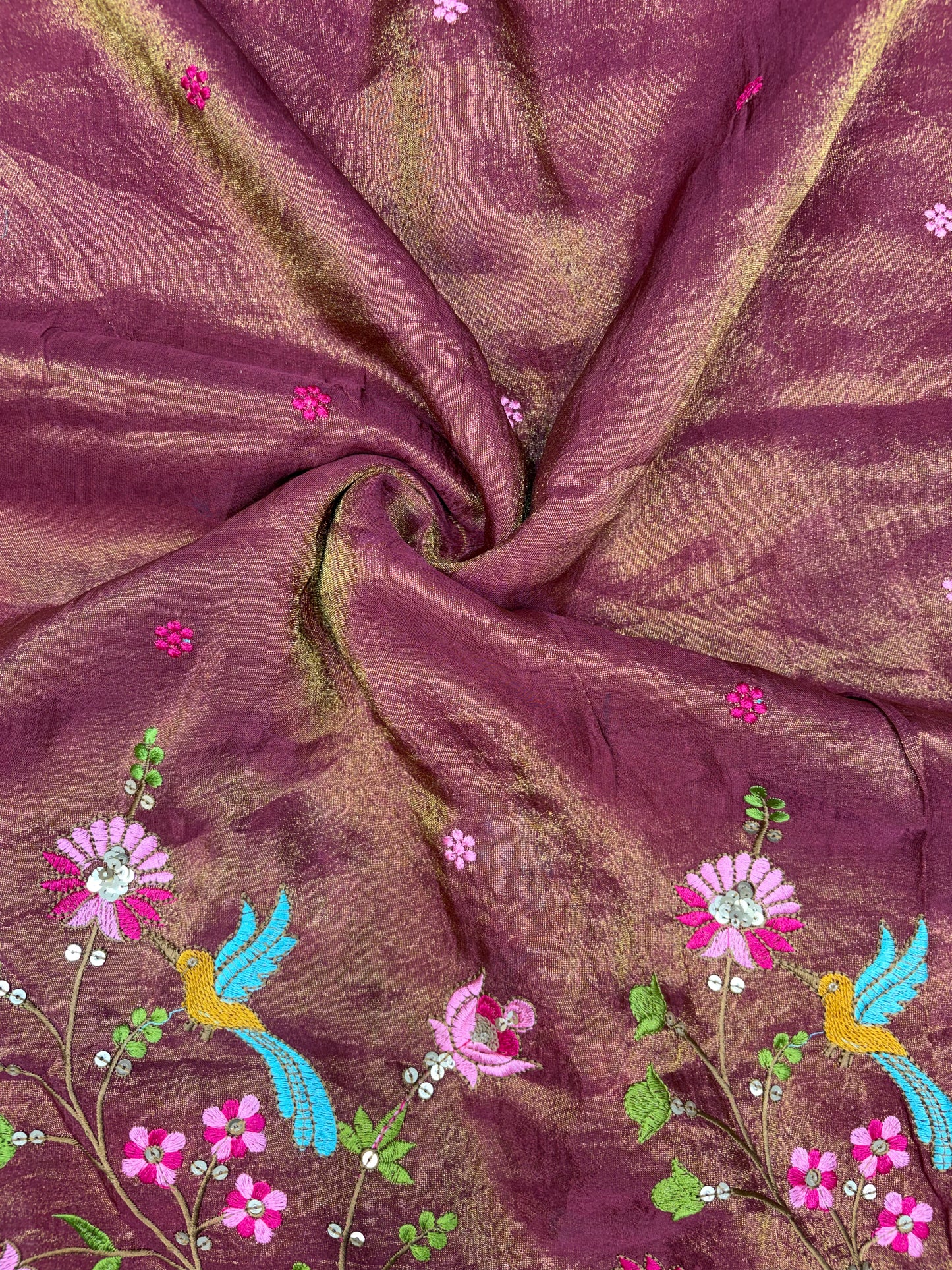 😍❤️Pure Tissue Zari Fabrics with Embroidery Deer 🦌 Design 🪡 44inch width