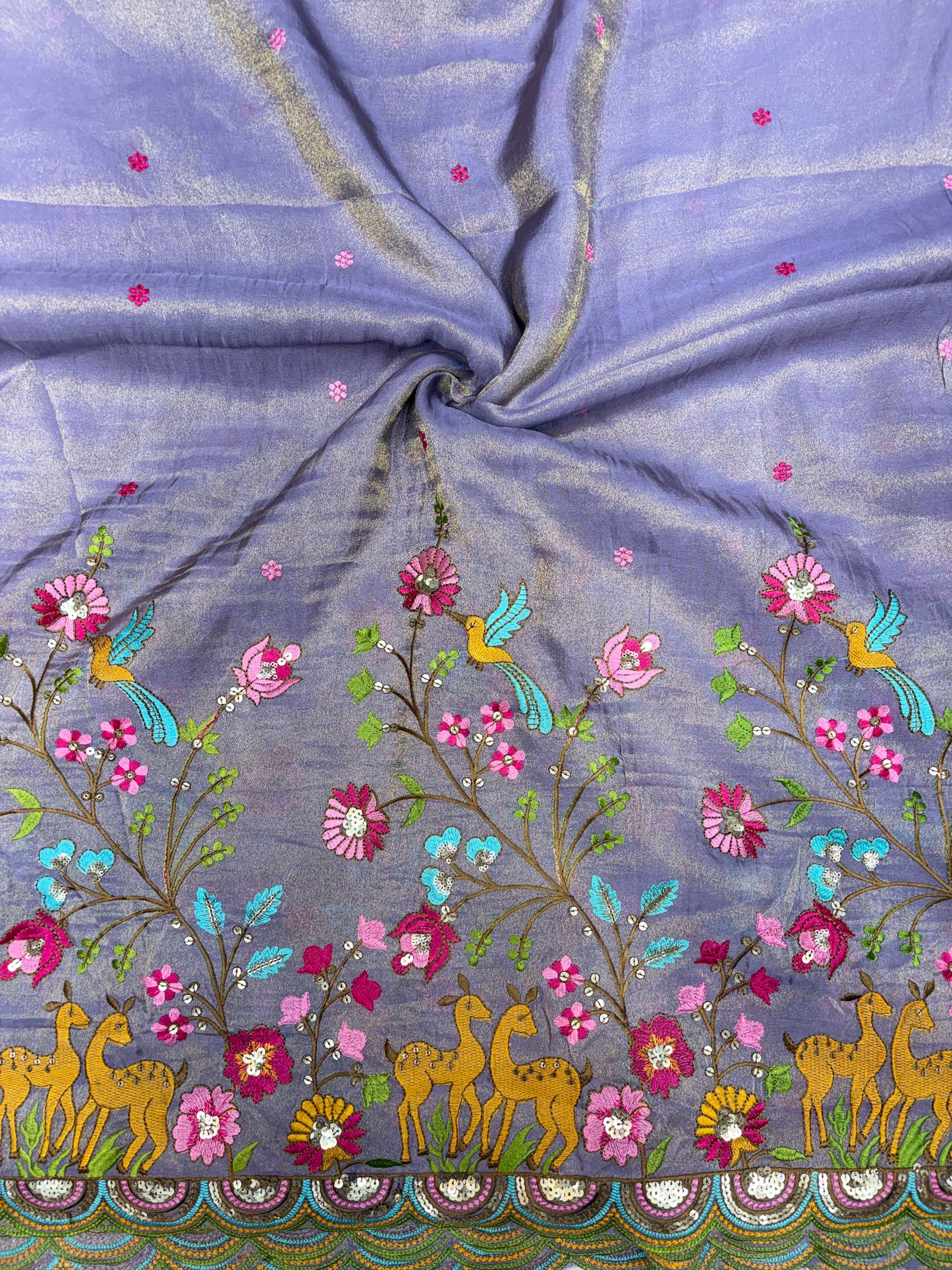 😍❤️Pure Tissue Zari Fabrics with Embroidery Deer 🦌 Design 🪡 44inch width
