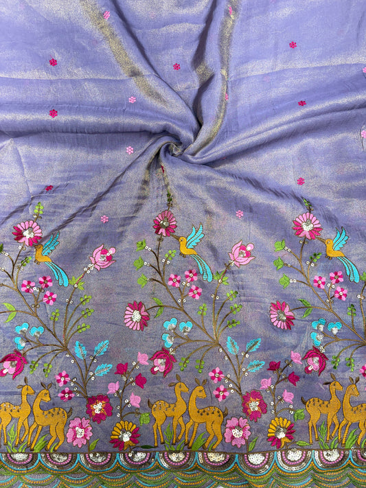 😍❤️Pure Tissue Zari Fabrics with Embroidery Deer 🦌 Design 🪡 44inch width
