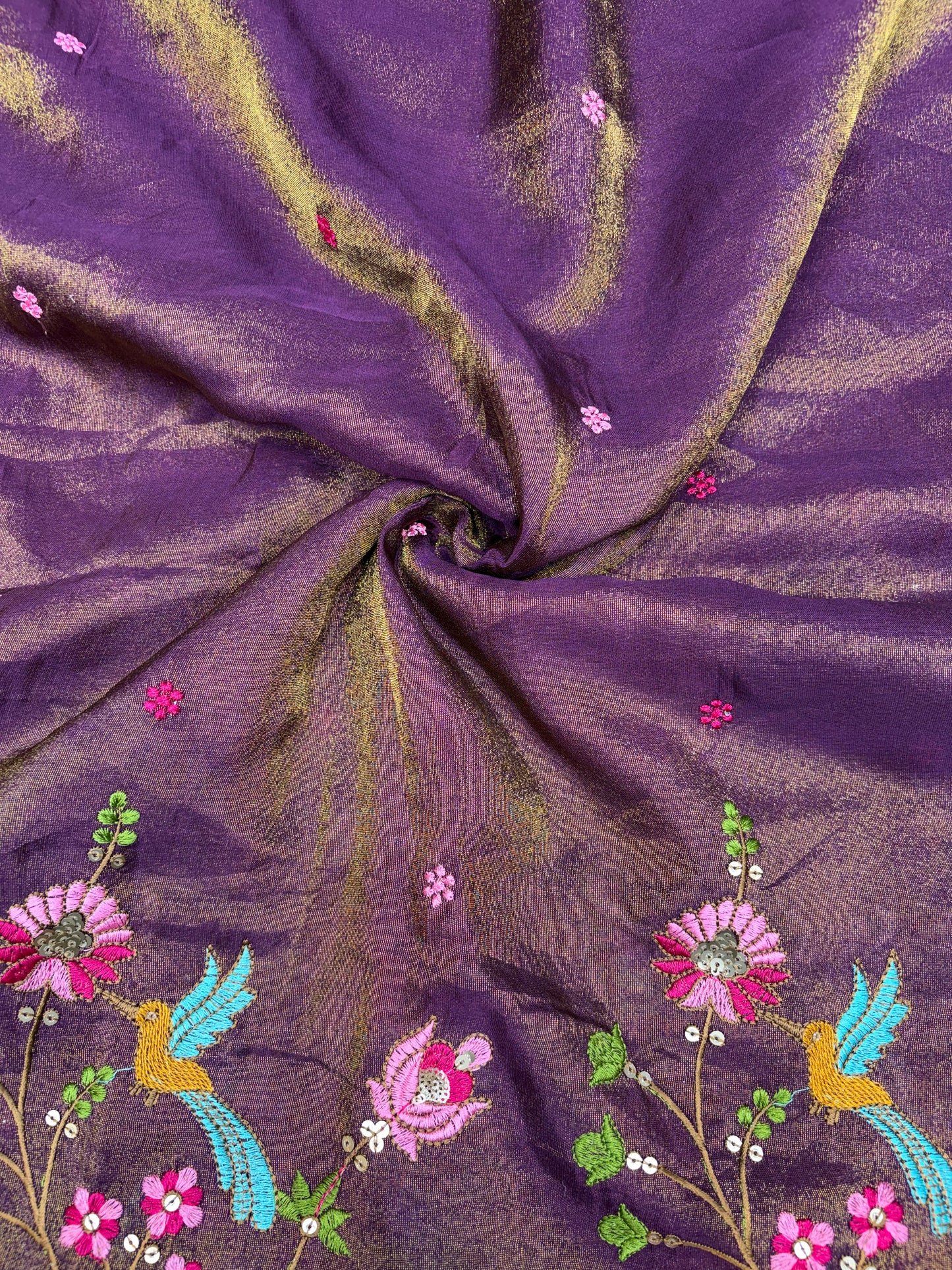 😍❤️Pure Tissue Zari Fabrics with Embroidery Deer 🦌 Design 🪡 44inch width