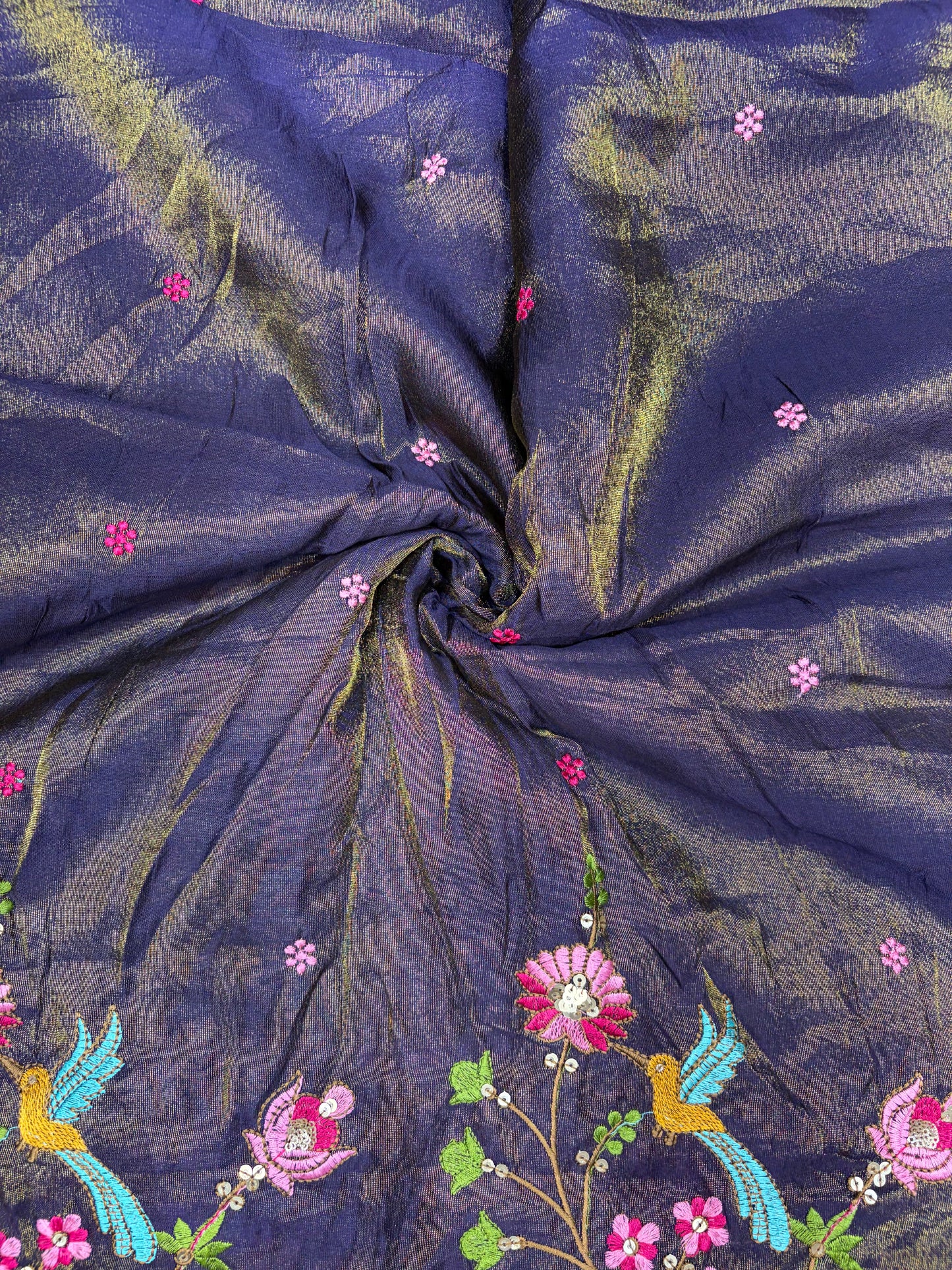 😍❤️Pure Tissue Zari Fabrics with Embroidery Deer 🦌 Design 🪡 44inch width