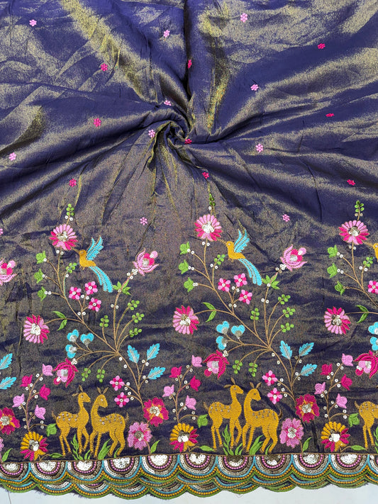 😍❤️Pure Tissue Zari Fabrics with Embroidery Deer 🦌 Design 🪡 44inch width