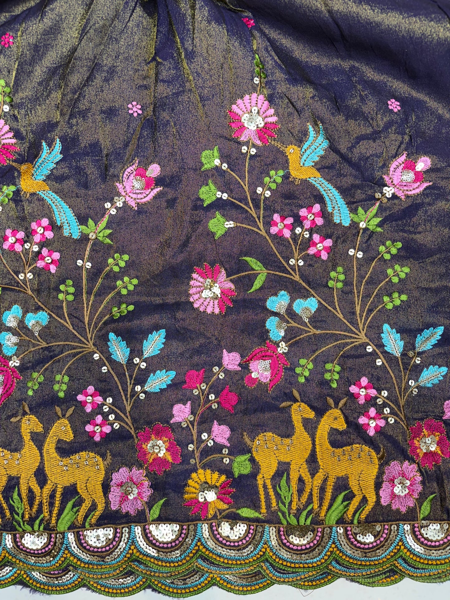 😍❤️Pure Tissue Zari Fabrics with Embroidery Deer 🦌 Design 🪡 44inch width