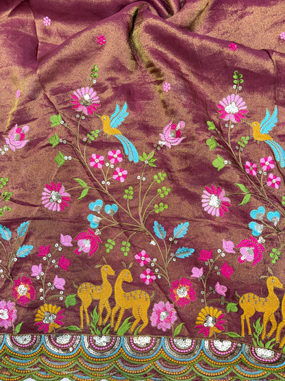 😍❤️Pure Tissue Zari Fabrics with Embroidery Deer 🦌 Design 🪡 44inch width