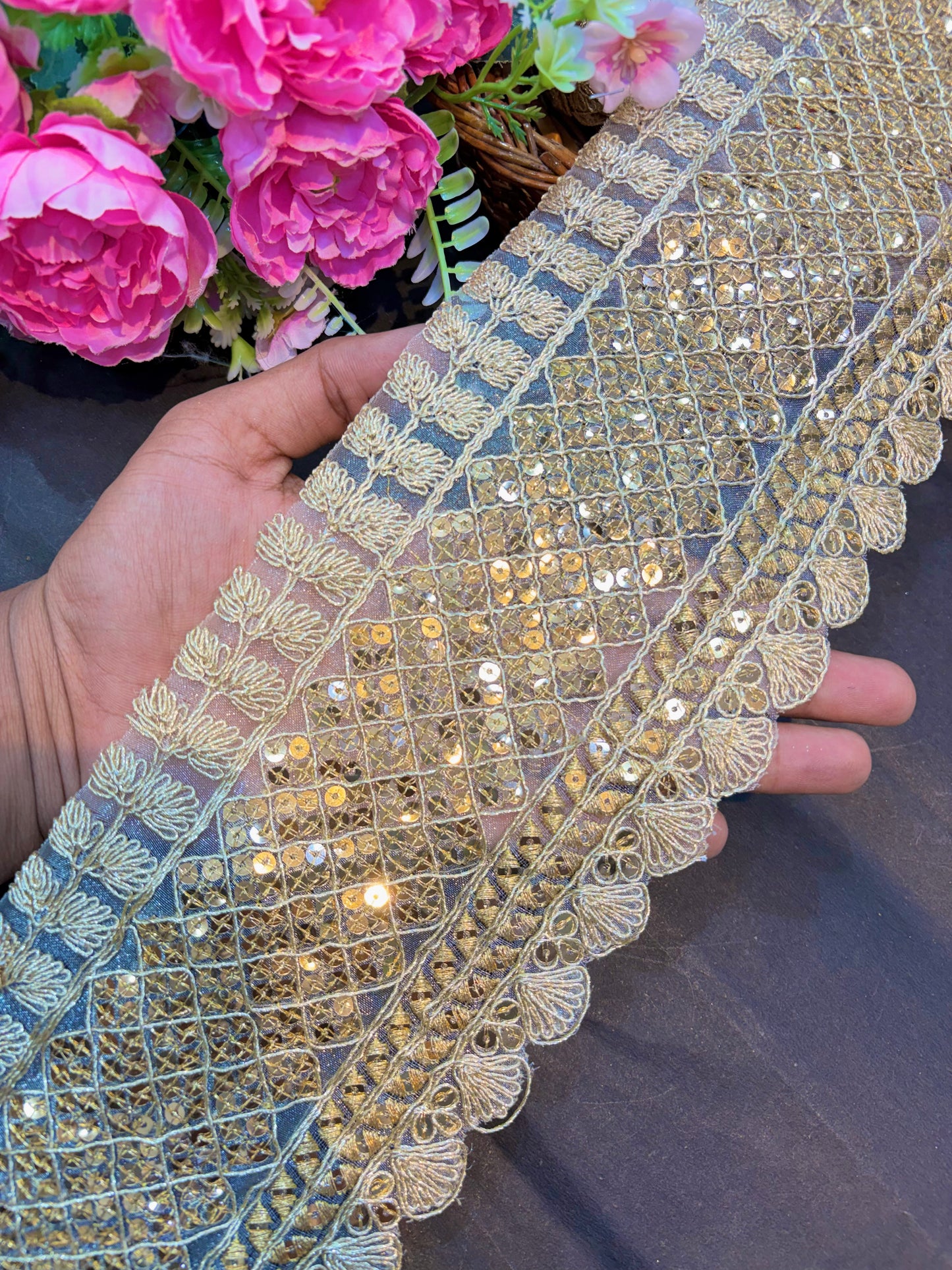 excluse Floral Embroidered Sequin Lace Border( pack of 9 meter)