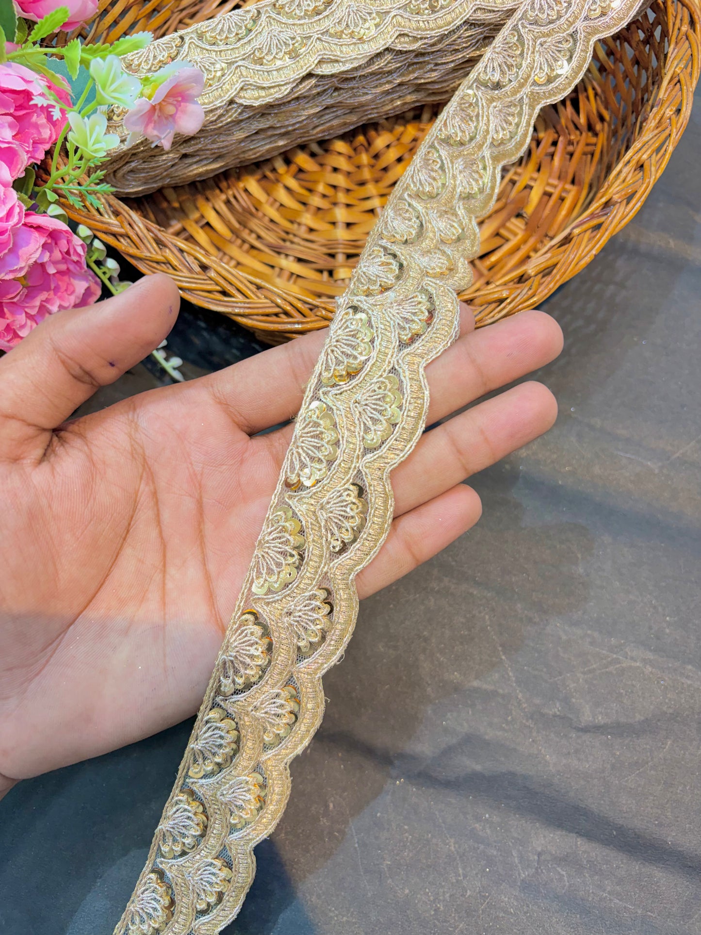 Premium Floral Embroidered Sequin Lace Border 1.5inch  (pack of 9 meter )