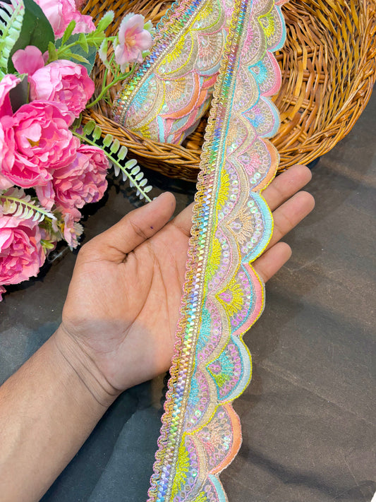 Affordable Multicolour Embroidered Lace Designs – Elegant Border Trim for Sarees, Dupattas & Lehengas (9 Meter, 2Inch Width)