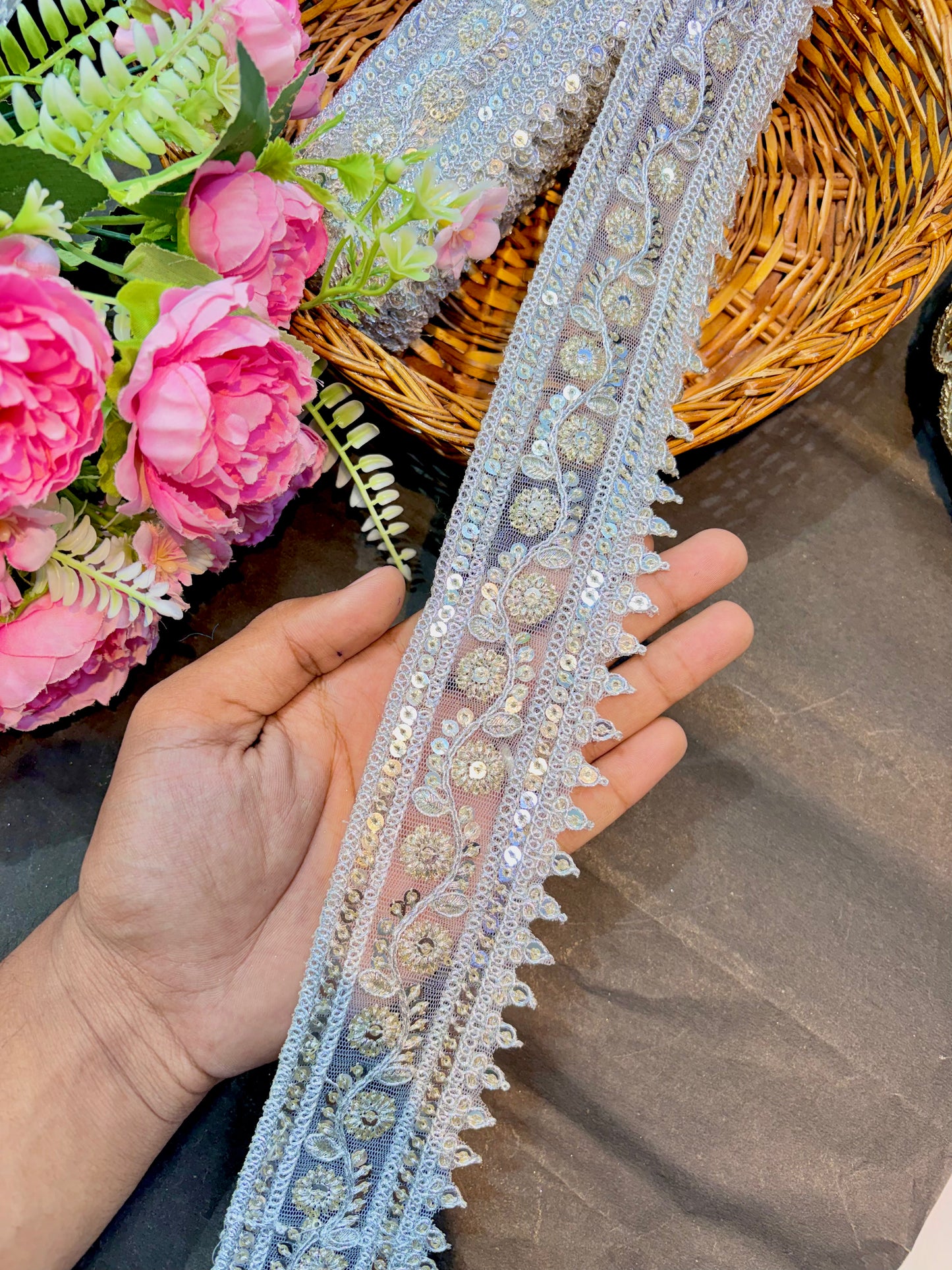 Premium silver  Floral Embroidered Sequin Lace Border 2.5inch  width