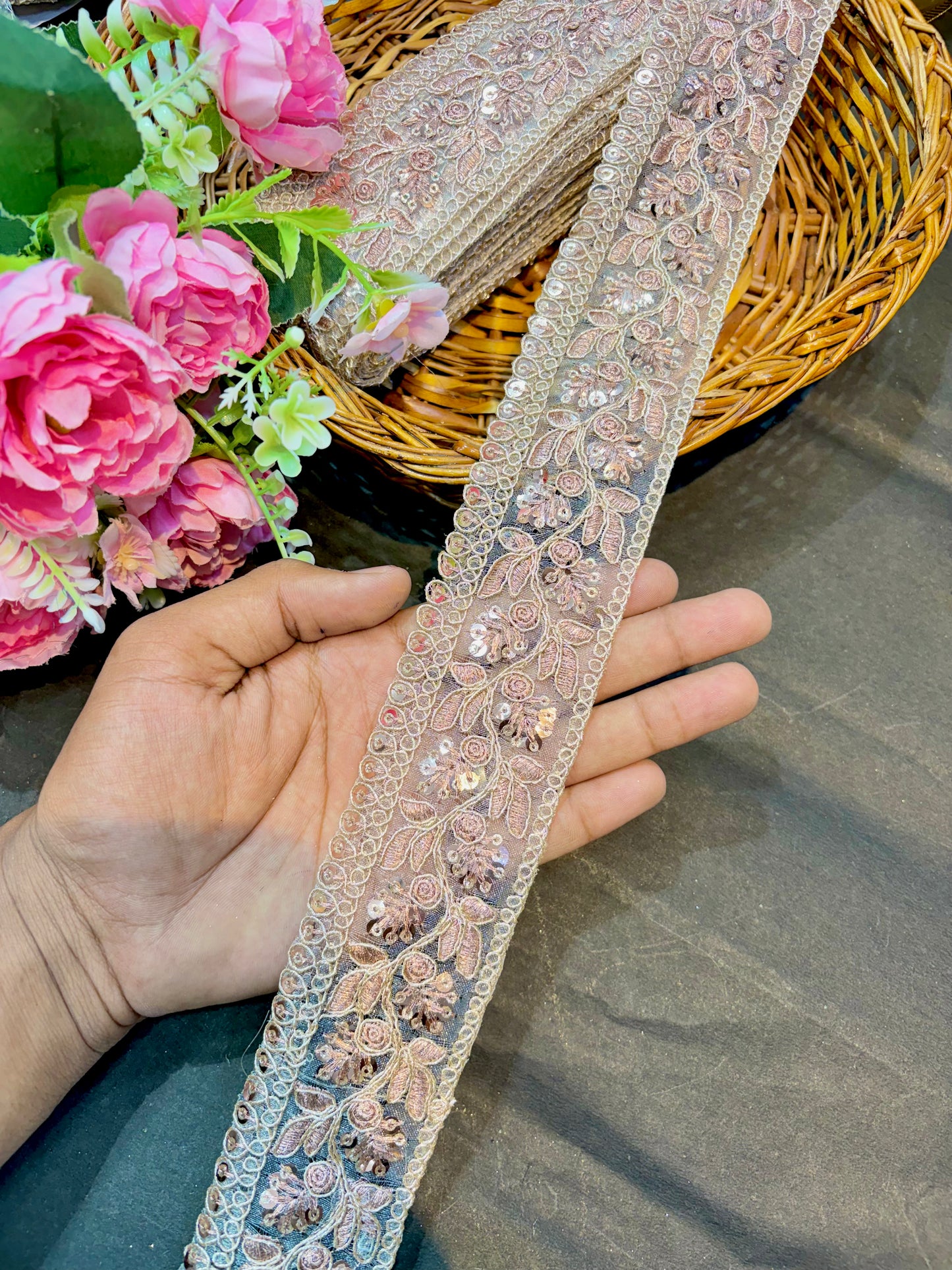 Premium Floral Embroidered Sequin Lace Border 2inch width (pack of 9 meter ) rose gold