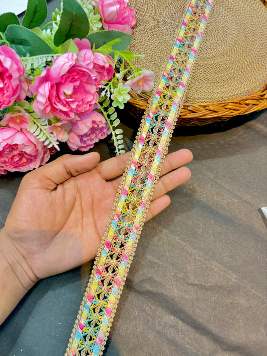 Beautiful Multicoloured Flower Work Zari Embroidered Saree Laces – 9 Meter Designer Border | 1.5 inch width