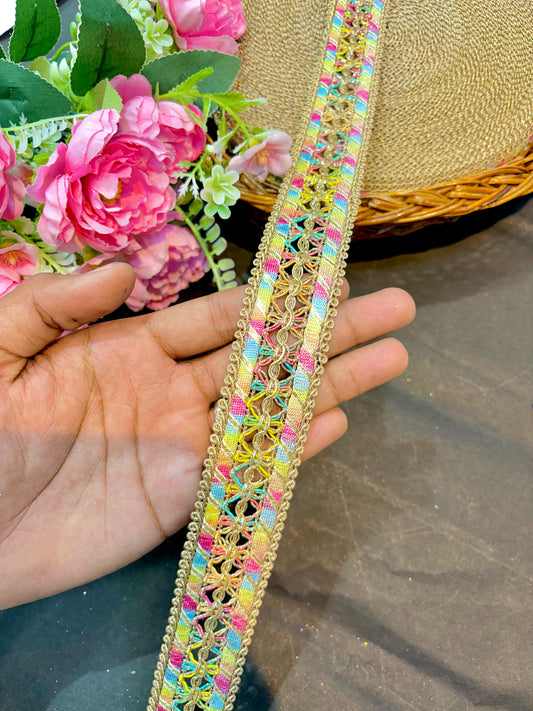 Beautiful Multicoloured Flower Work Zari Embroidered Saree Laces – 9 Meter Designer Border | 1.5 inch width