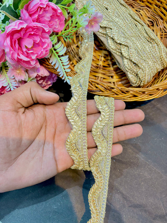 gold  Embroidered Lace Designs – Elegant Border Trim for Sarees, Dupattas & Lehengas (9 Meter, 1 Inch Width) | Golden