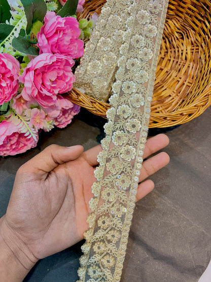 golden zari lace border with sequince 2inch pack of 9 meter