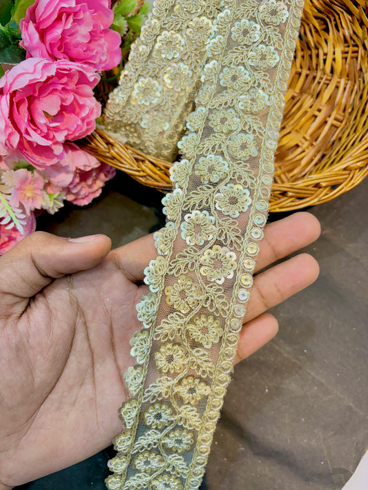 golden zari lace border with sequince 2inch pack of 9 meter