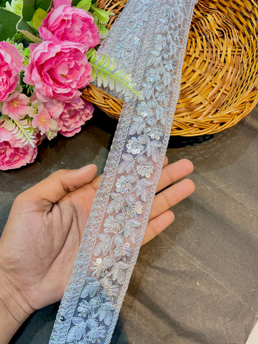 Premium Floral Embroidered Sequin Lace Border 2inch width (pack of 9 meter ) silver