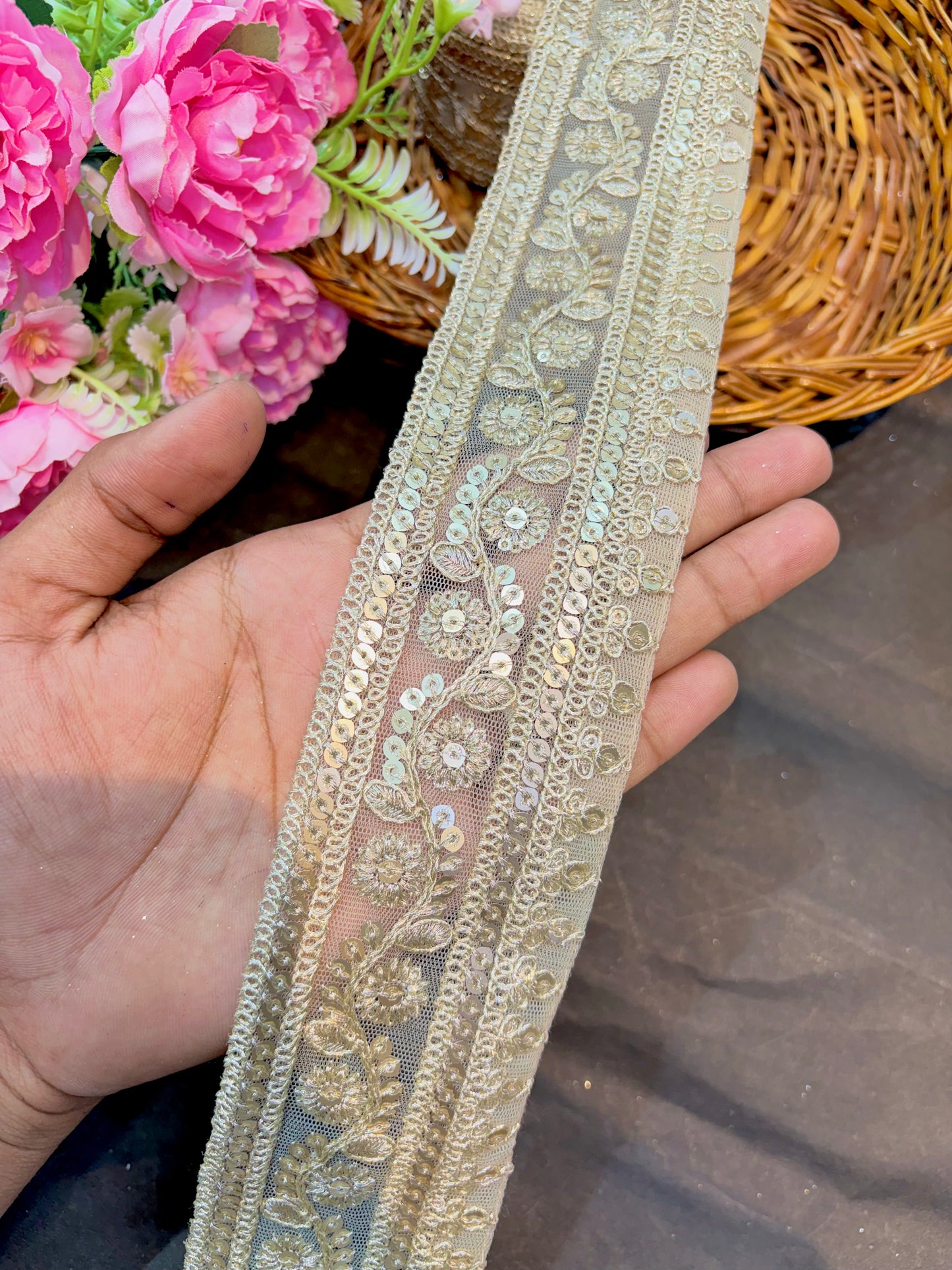 Premium silver Floral Embroidered Sequin Lace Border 2.5inch width