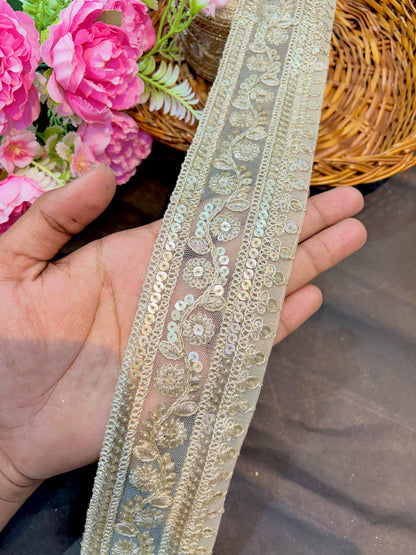 Premium silver Floral Embroidered Sequin Lace Border 2.5inch width