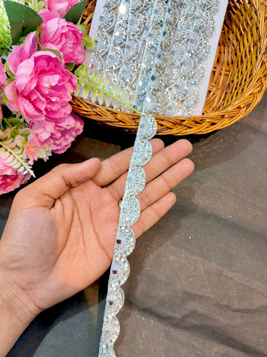 Handcrafted Stone silver Work with mirror Borders – Premium Quality, Intricate Embellishments for Sarees, Lehengas, Bridal Couture, and Luxury Home Decor - Gold