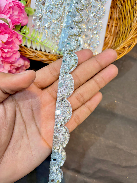 Handcrafted Stone silver Work with mirror Borders – Premium Quality, Intricate Embellishments for Sarees, Lehengas, Bridal Couture, and Luxury Home Decor - Gold