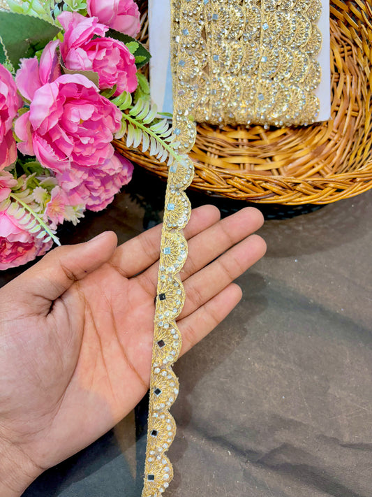 Handcrafted Stone Work with mirror Borders – Premium Quality, Intricate Embellishments for Sarees, Lehengas, Bridal Couture, and Luxury Home Decor - Gold