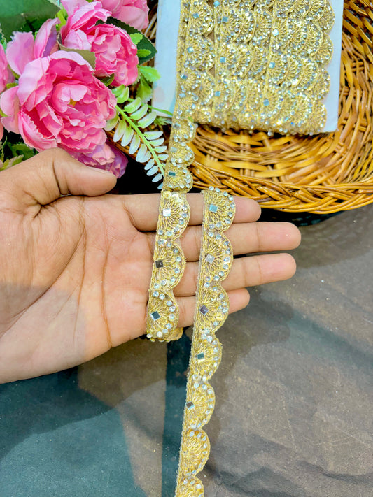 Handcrafted Stone Work with mirror Borders – Premium Quality, Intricate Embellishments for Sarees, Lehengas, Bridal Couture, and Luxury Home Decor - Gold