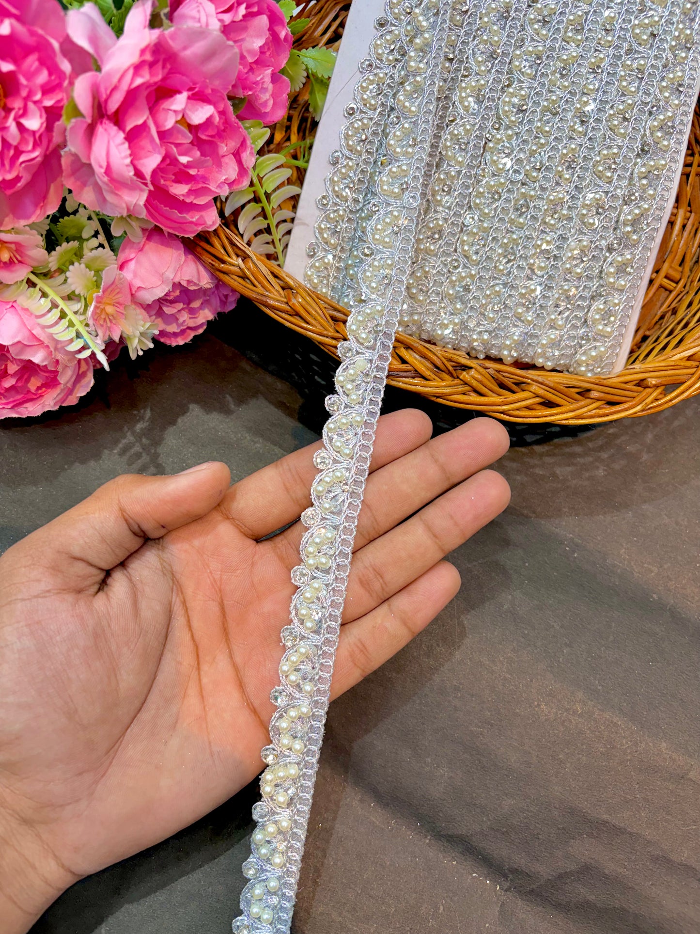 gorgeous stone and pulse lace silver ( pack of 9 meter ) half inch  width