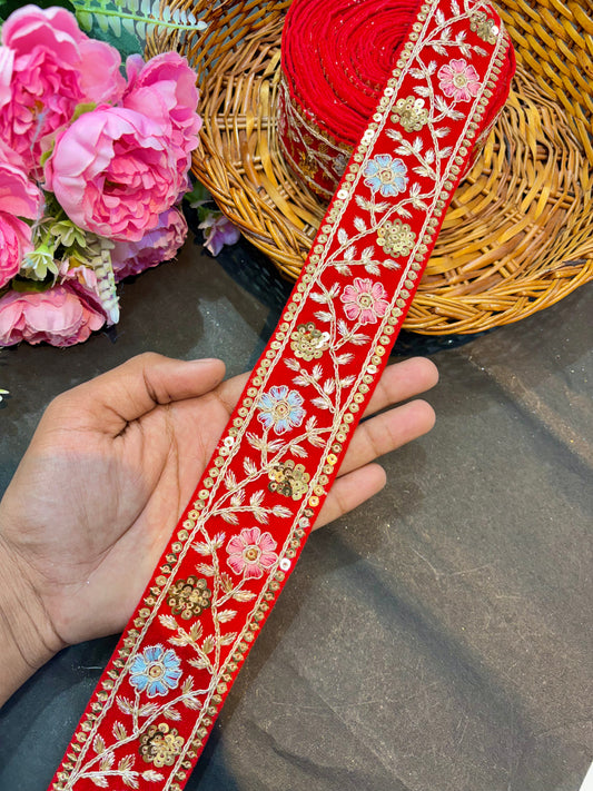 Velvet Embroidered Lace Trim | Saree Border | Craft Velvet Fabric Lace (9 Mtr)black 2inchred