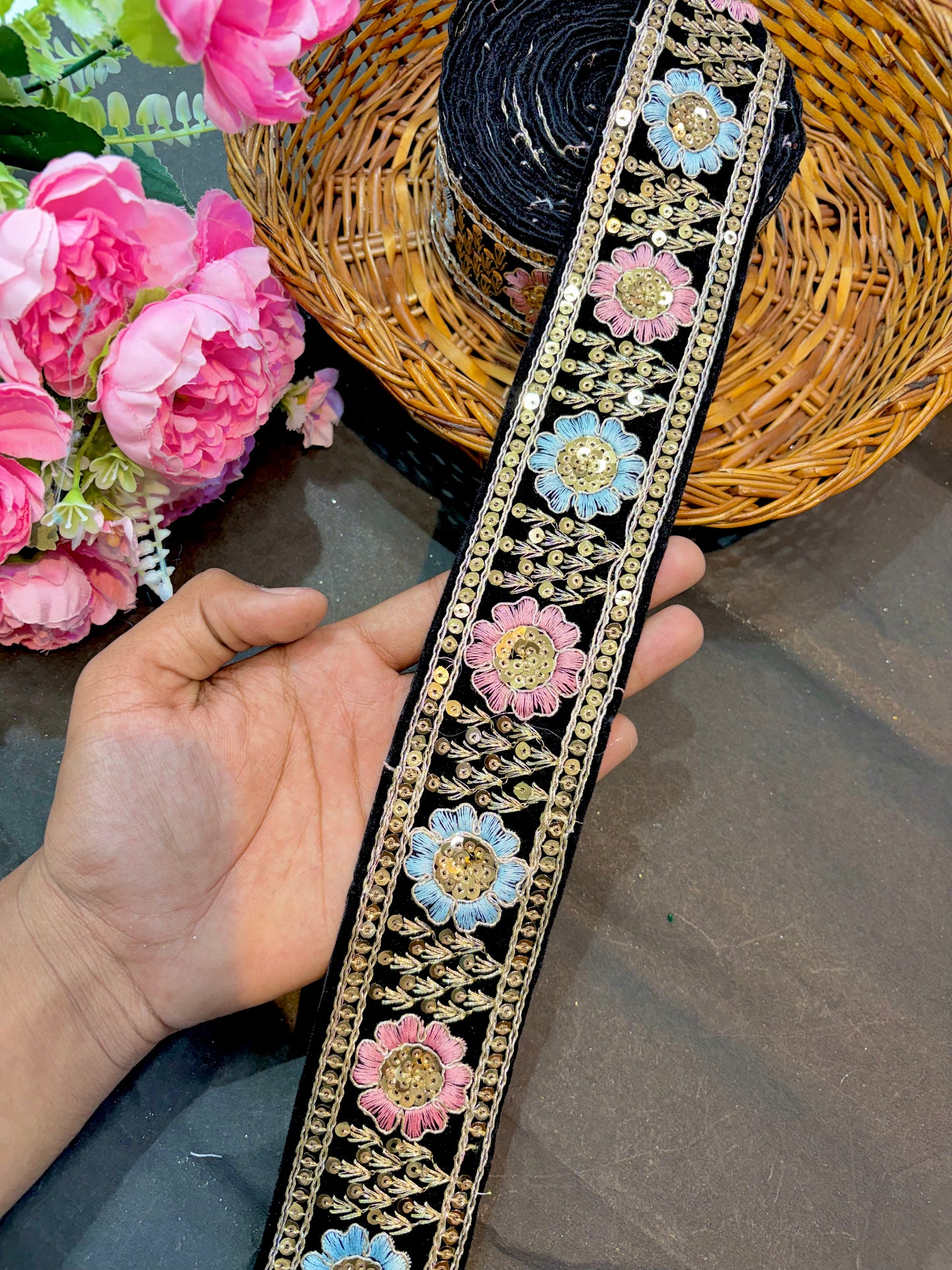 Velvet Embroidered Lace Trim | Saree Border | Craft Velvet Fabric Lace (9 Mtr)black