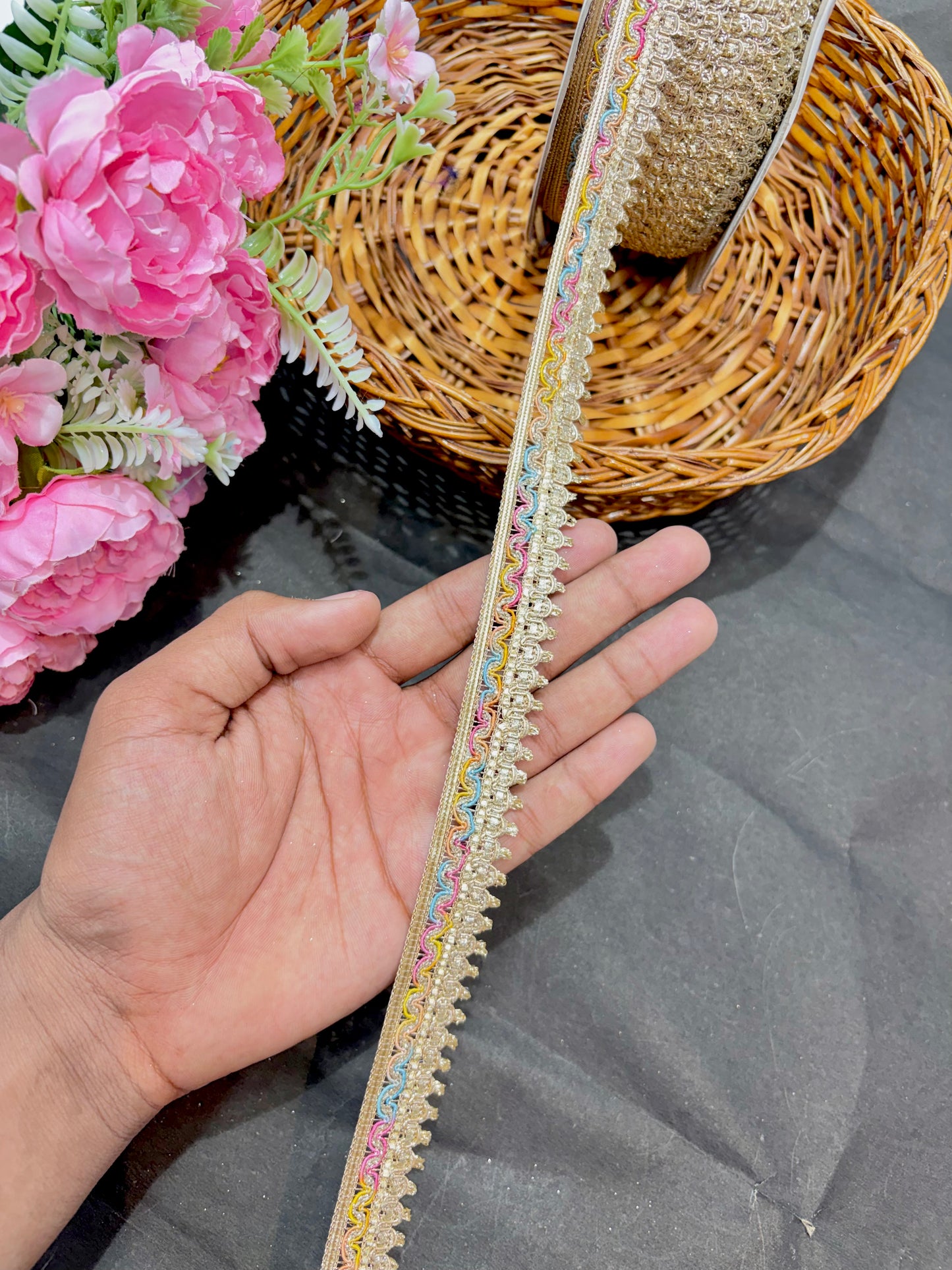 Beautiful Multicoloured Flower Pipe Work Zari Embroidered Saree Laces – 9 Meter Designer Border | Multi 1inch width