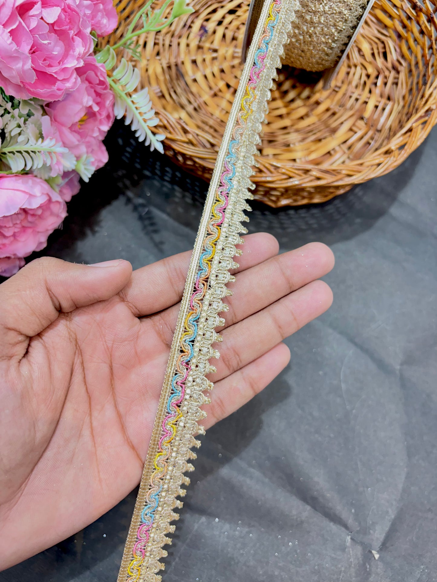 Beautiful Multicoloured Flower Pipe Work Zari Embroidered Saree Laces – 9 Meter Designer Border | Multi 1inch width