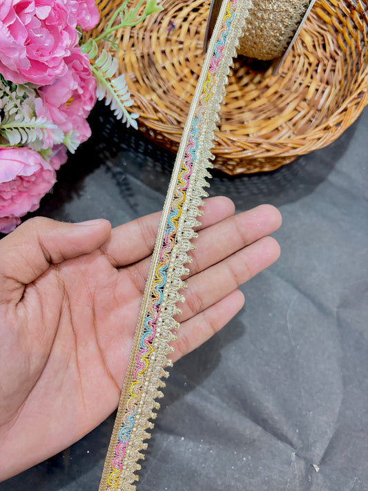 Beautiful Multicoloured Flower Pipe Work Zari Embroidered Saree Laces – 9 Meter Designer Border | Multi 1inch width