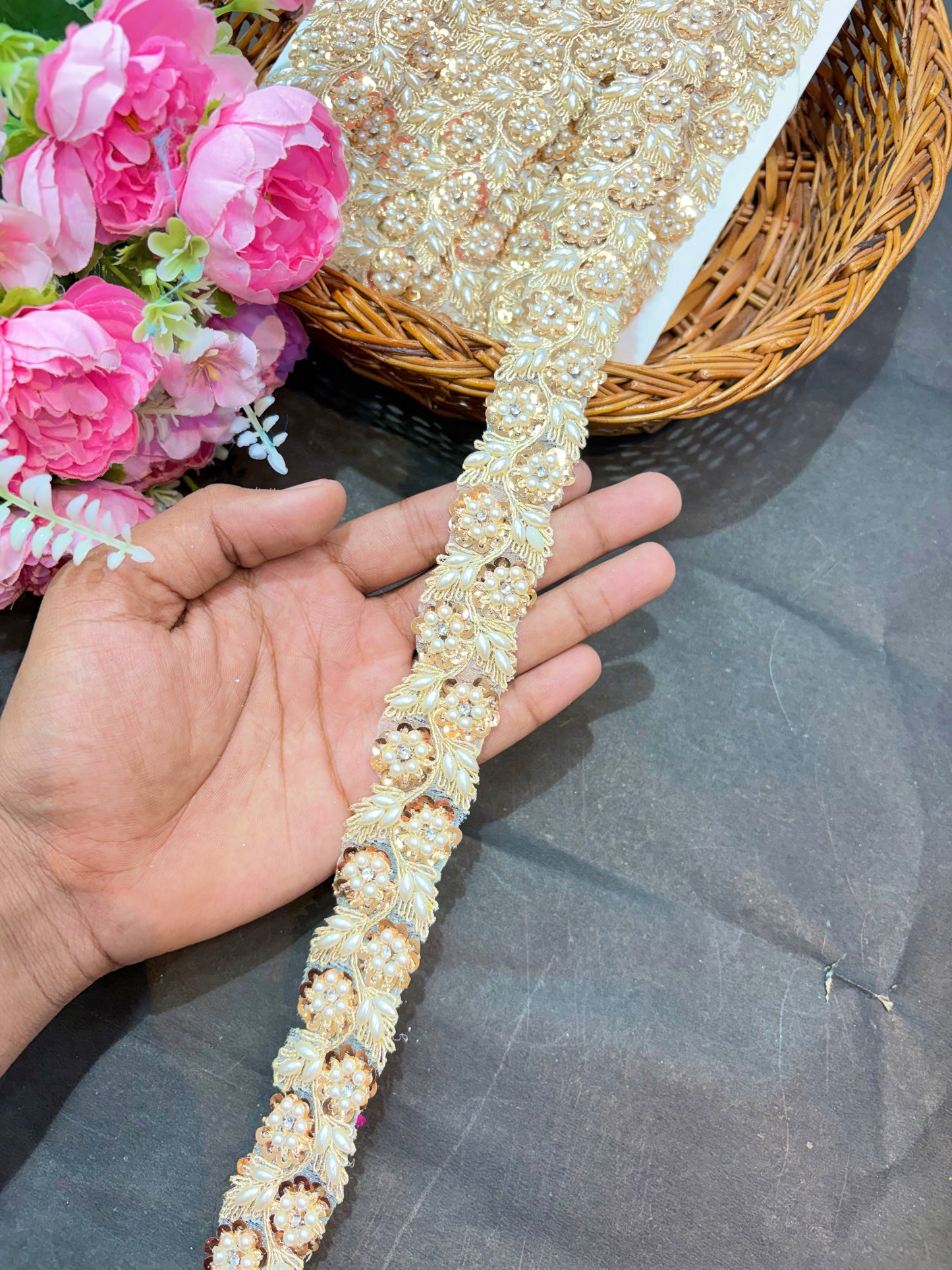 Beautiful dark golden Flower Pipe Work Zari Embroidered Saree Laces – 9 Meter Designer Border