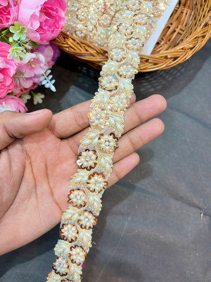 Beautiful dark golden Flower Pipe Work Zari Embroidered Saree Laces – 9 Meter Designer Border