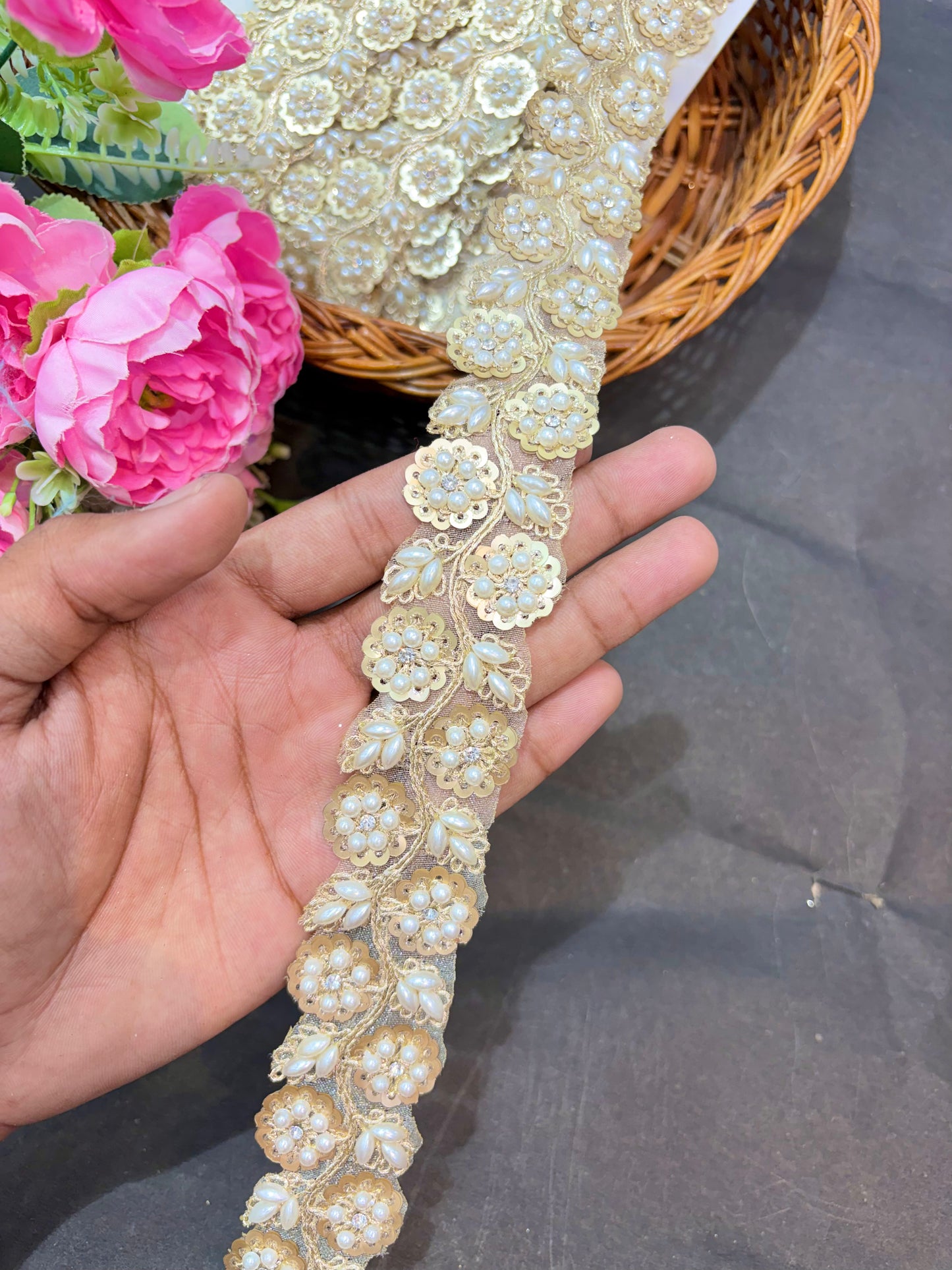 Beautiful lite gold  Flower Pipe Work Zari Embroidered Saree Laces – 9 Meter Designer Border