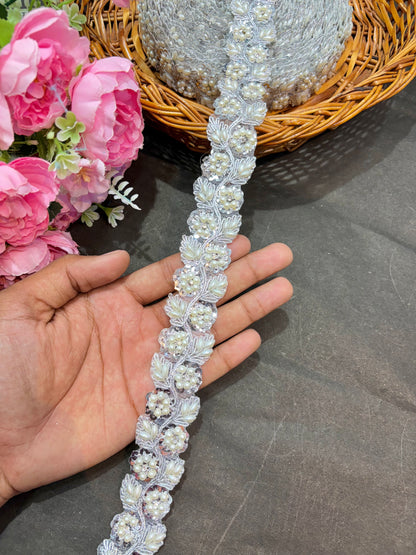 Beautiful silver Flower Pipe Work Zari Embroidered Saree Laces – 9 Meter Designer Border | 1