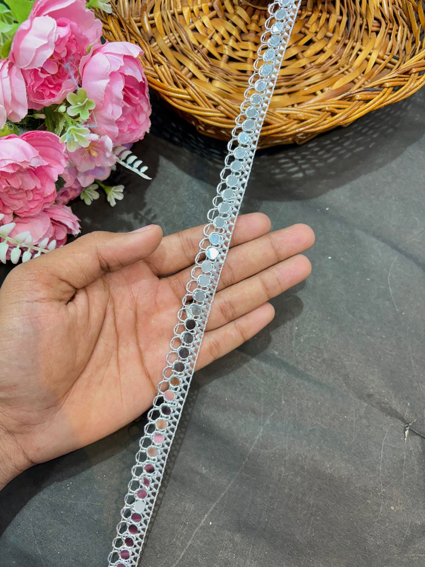 Real Mirror Lace Border – 9 Meters, 1-Inch Handcrafted Reflective Trim for Sarees, Lehengas & Dupattas - Light Gold