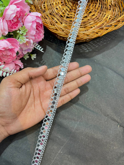 Real Mirror Lace Border – 9 Meters, 1-Inch Handcrafted Reflective Trim for Sarees, Lehengas & Dupattas - Light Gold